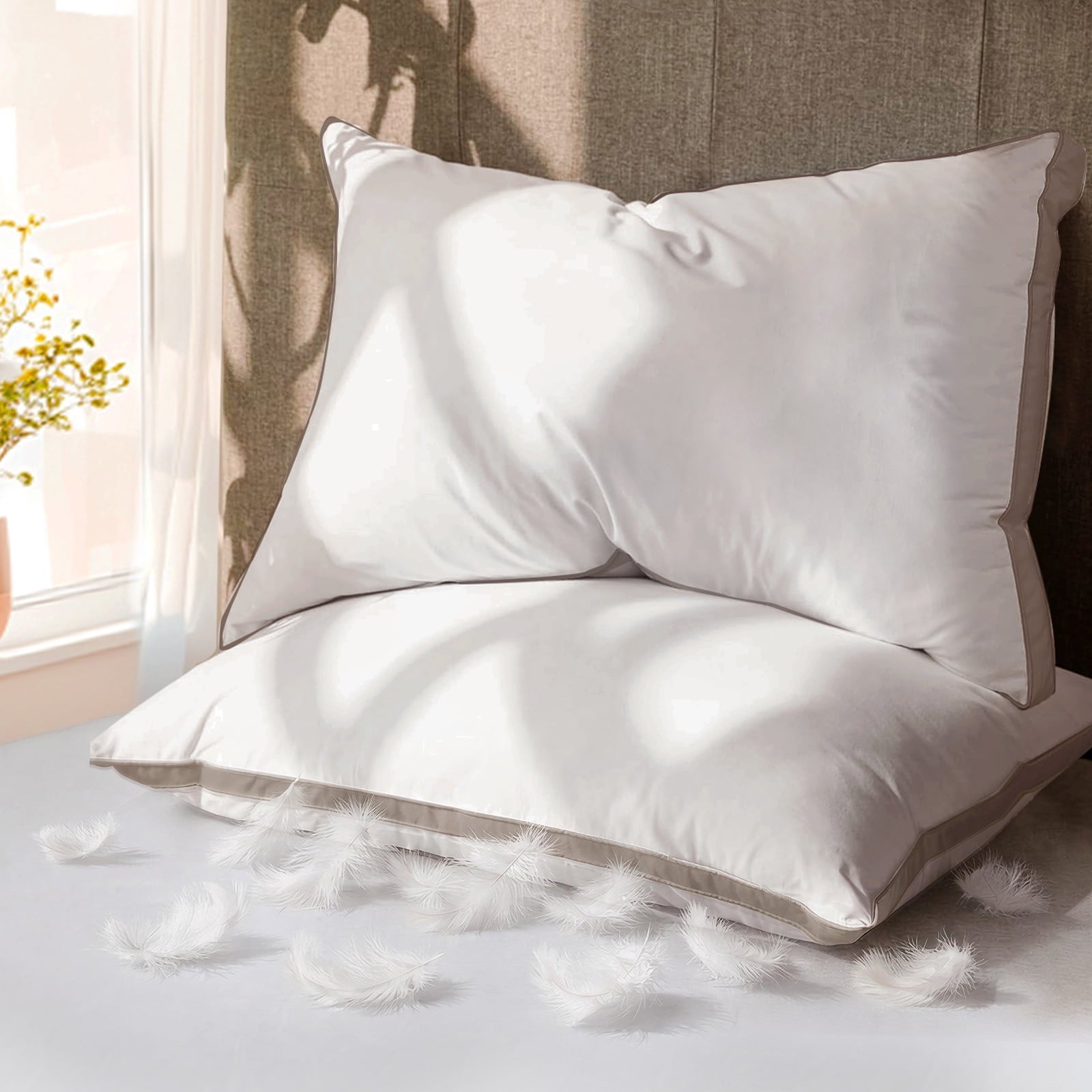 Decorative Plump Goose Feather Down Pillows Queen Size Set of 2, 100% Cotton Cover Hotel Collection Bed Pillows，20"x28" - Ergonomic Memory Foam Pillow for Neck Pain Support - Default Title