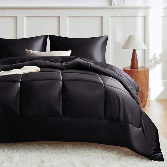 Luxurious Quilted Reversible Satin Microfiber Comforter 3 Pieces Queen Size, Black Queen Comforter Set for All Seasons, Silky Soft Sati... - Luxurious Quilted Duvet Cover Set - Default Title