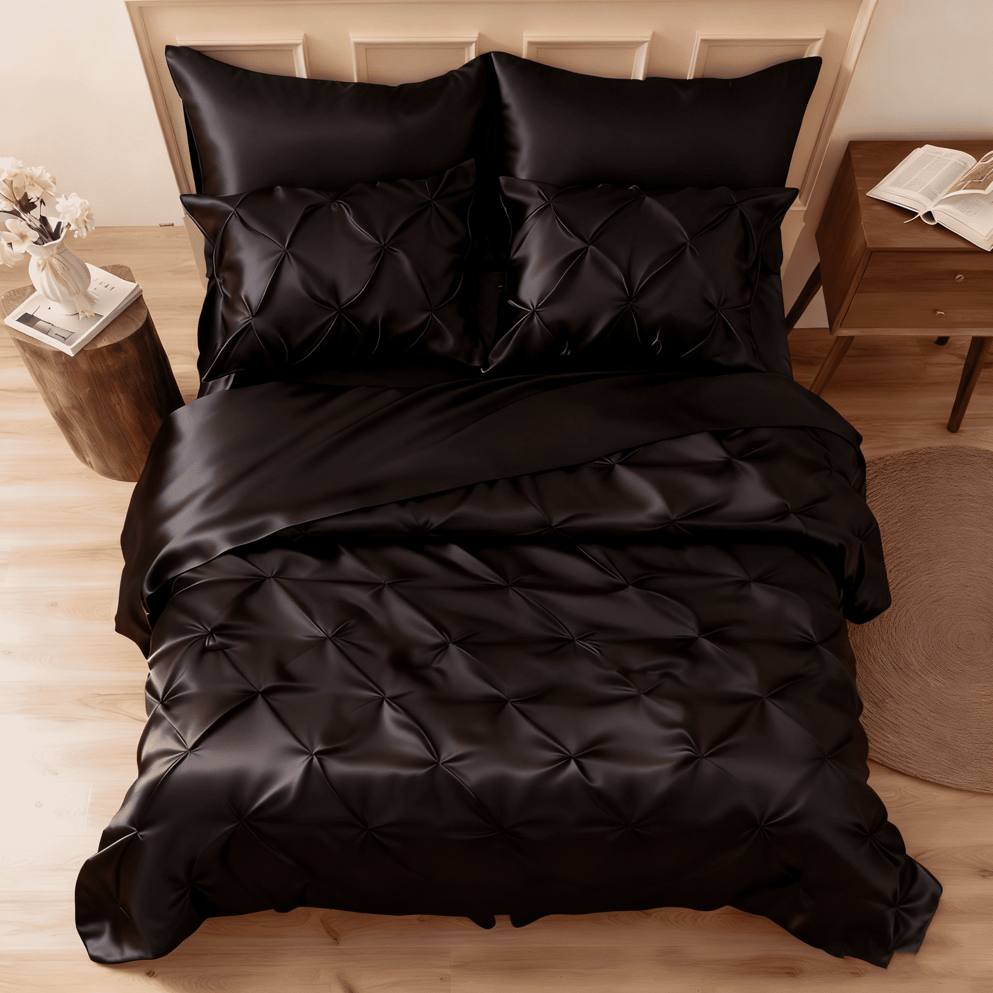 Heavyweight Warmth Satin Comforter Set 7 Pieces Queen Size - Luxurious Pinch Pleat Bed in a Bag with Satin Comforter, Satin Sheets, Sati... - Luxurious Quilted Duvet Cover Set - Default Title