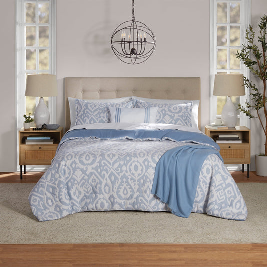 All-Season Full/Queen Comforter Set, All-Season, 5-Piece, Blue Matelasse Ikat - Luxurious Quilted Duvet Cover Set - Default Title