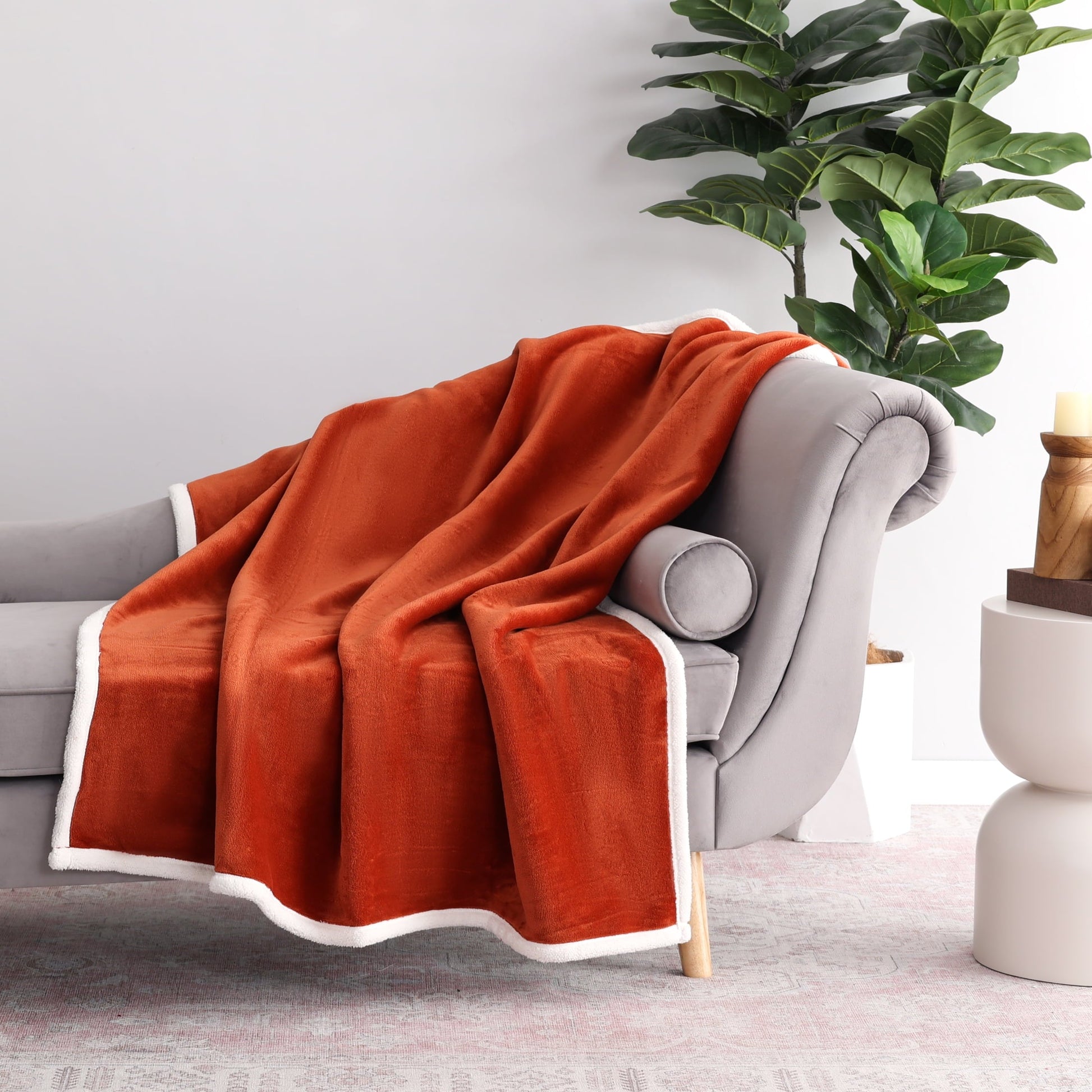 Decorative Knitted Reversible Printed Velvet Plush and Hampshire Faux Shearling Soft Throw Blanket, Standard Size, Auburn Sun - Lightweight Plush Warm Blanket for All Seasons - Default Title