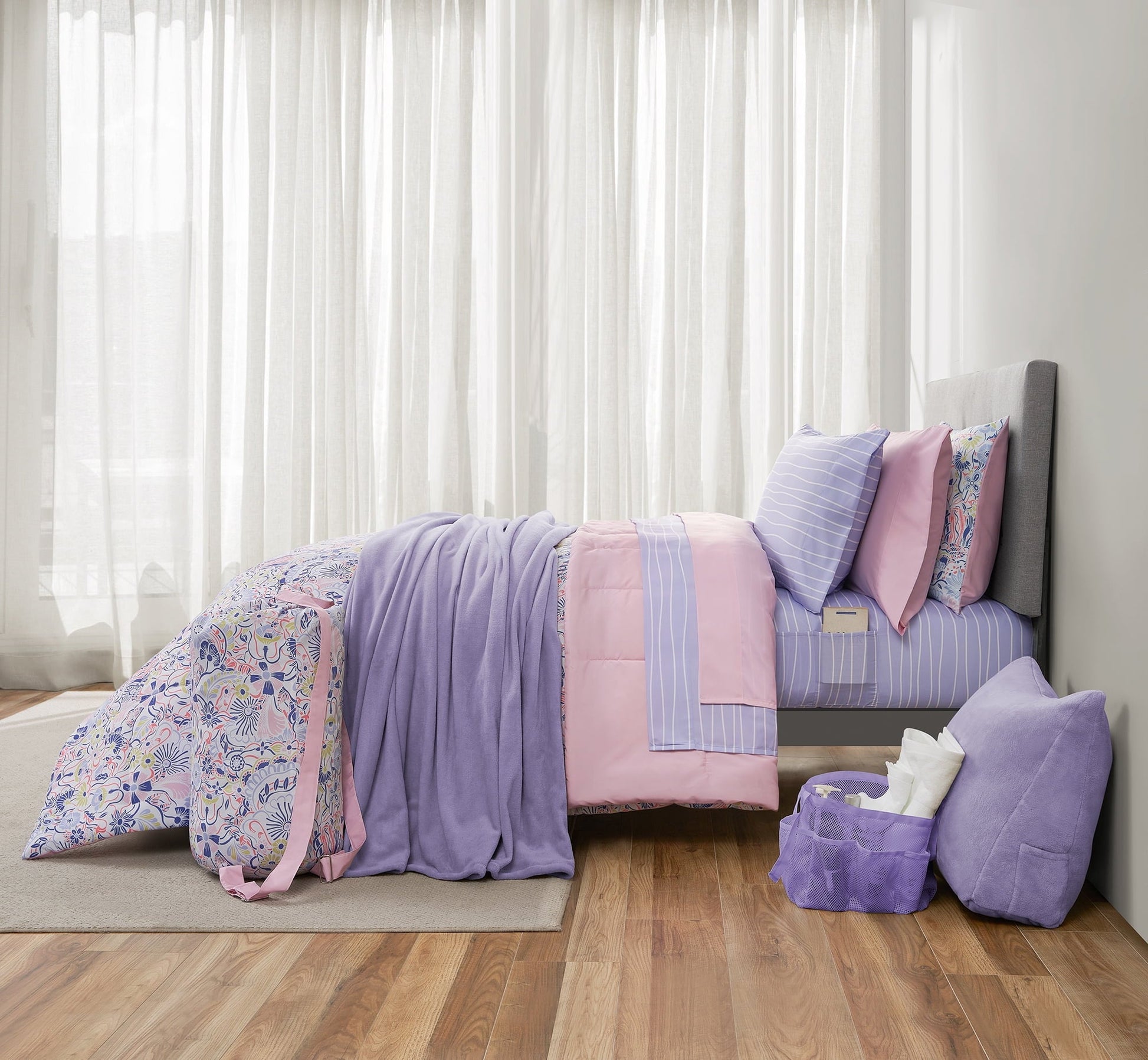 All-Season 14pc College Dorm Essentials Bundle, Twin-XL, Reversible Bed in a Bag Comforter Set, Purple Floral - All-Season Down Alternative Comforter Insert - Default Title