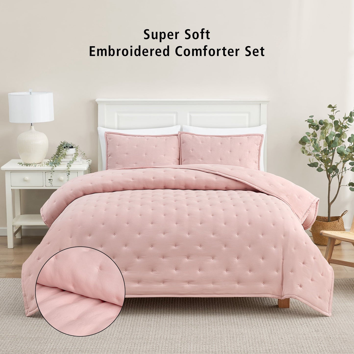 Fluffy Down Alternative Full/Queen Comforter Set, Super Soft & Embroidered, 3-Piece, Pink - All-Season Down Alternative Comforter Insert - Default Title