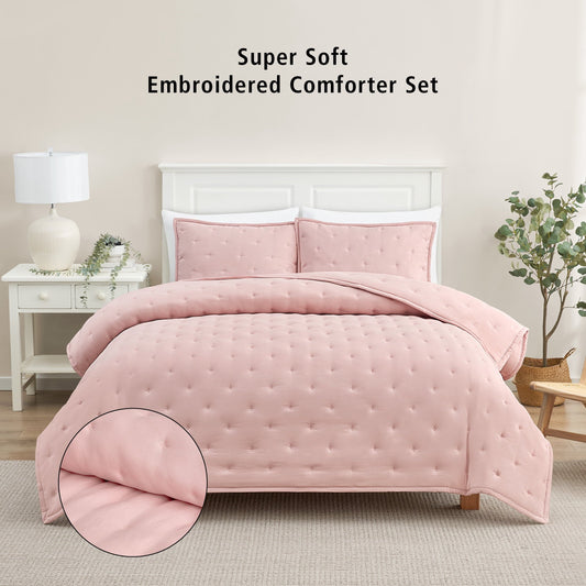Fluffy Down Alternative Full/Queen Comforter Set, Super Soft & Embroidered, 3-Piece, Pink - All-Season Down Alternative Comforter Insert - Default Title