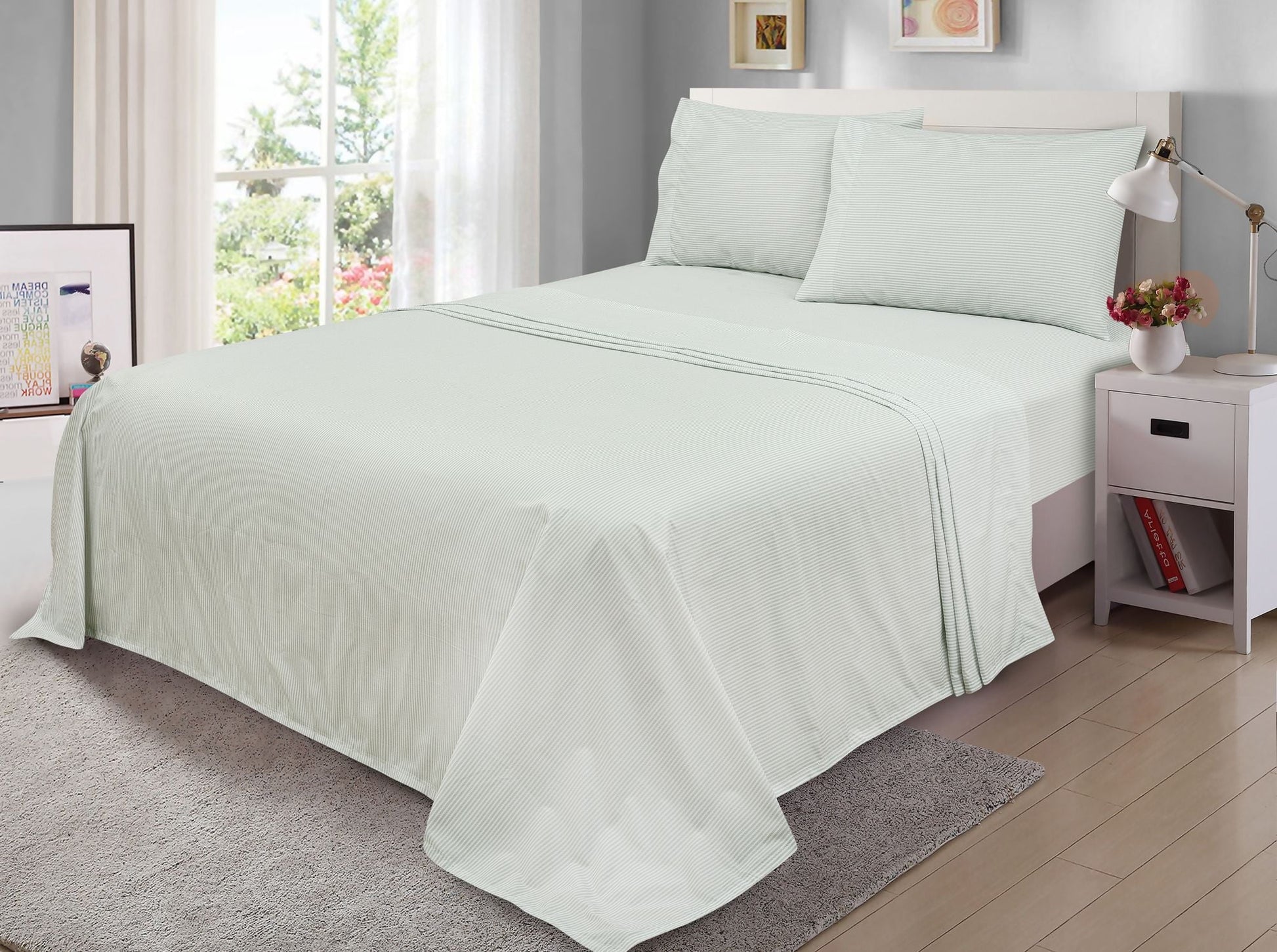 Cooling Sateen Easy Care 300 Thread Count Cotton Rich Percale Sheet Set, King, Grey Stripes - Cooling Hotel Quality Bedding Sheets and Pillowcases - Default Title