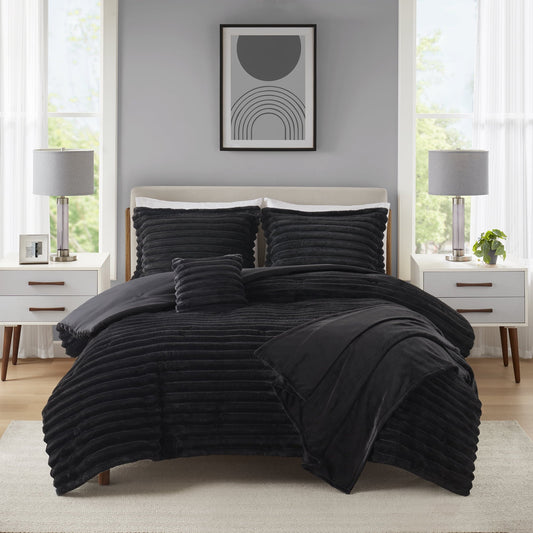 All-Season Full/Queen Comforter Set, All-Season, 5-Piece, Black Cozy Plush - Luxurious Quilted Duvet Cover Set - Default Title