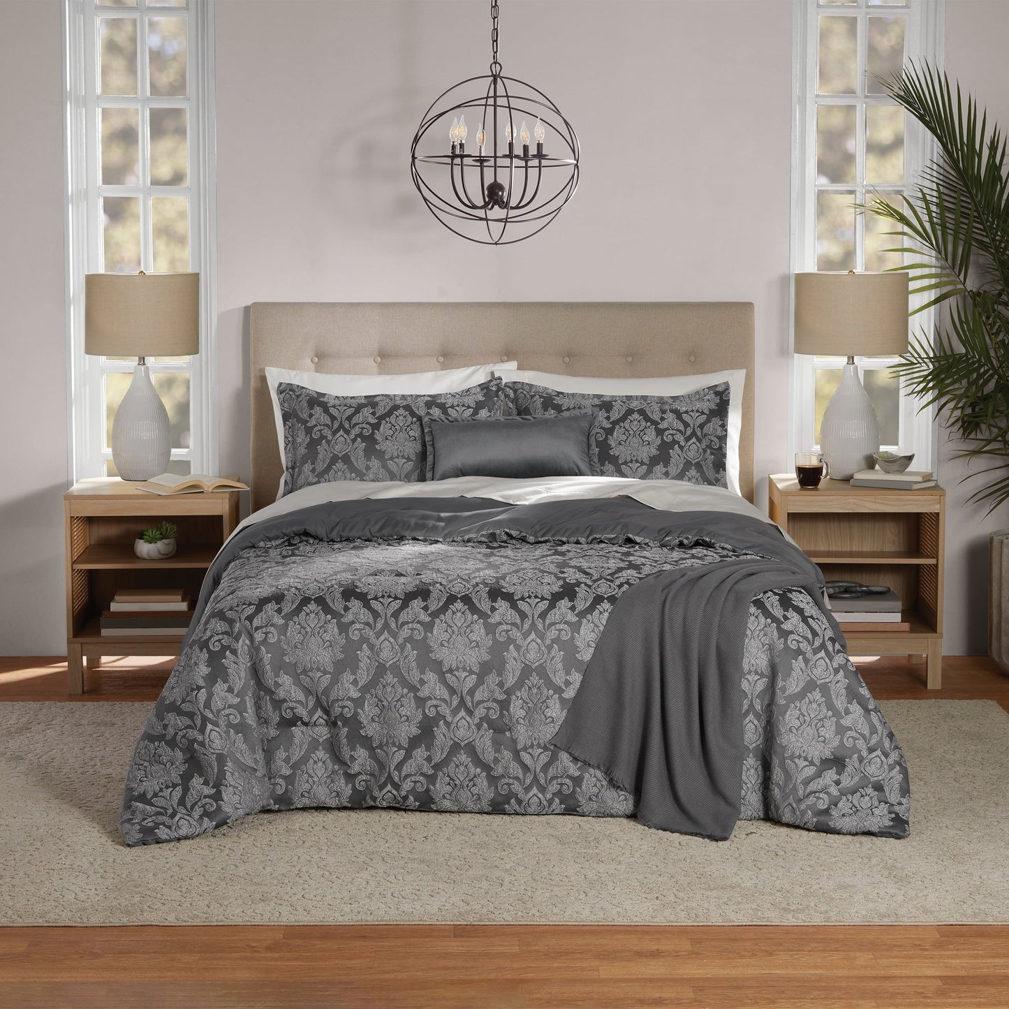 All-Season Full/Queen Comforter Set, All-Season, 5-Piece, Grey Jacquard Damask - All-Season Down Alternative Comforter Insert - Default Title