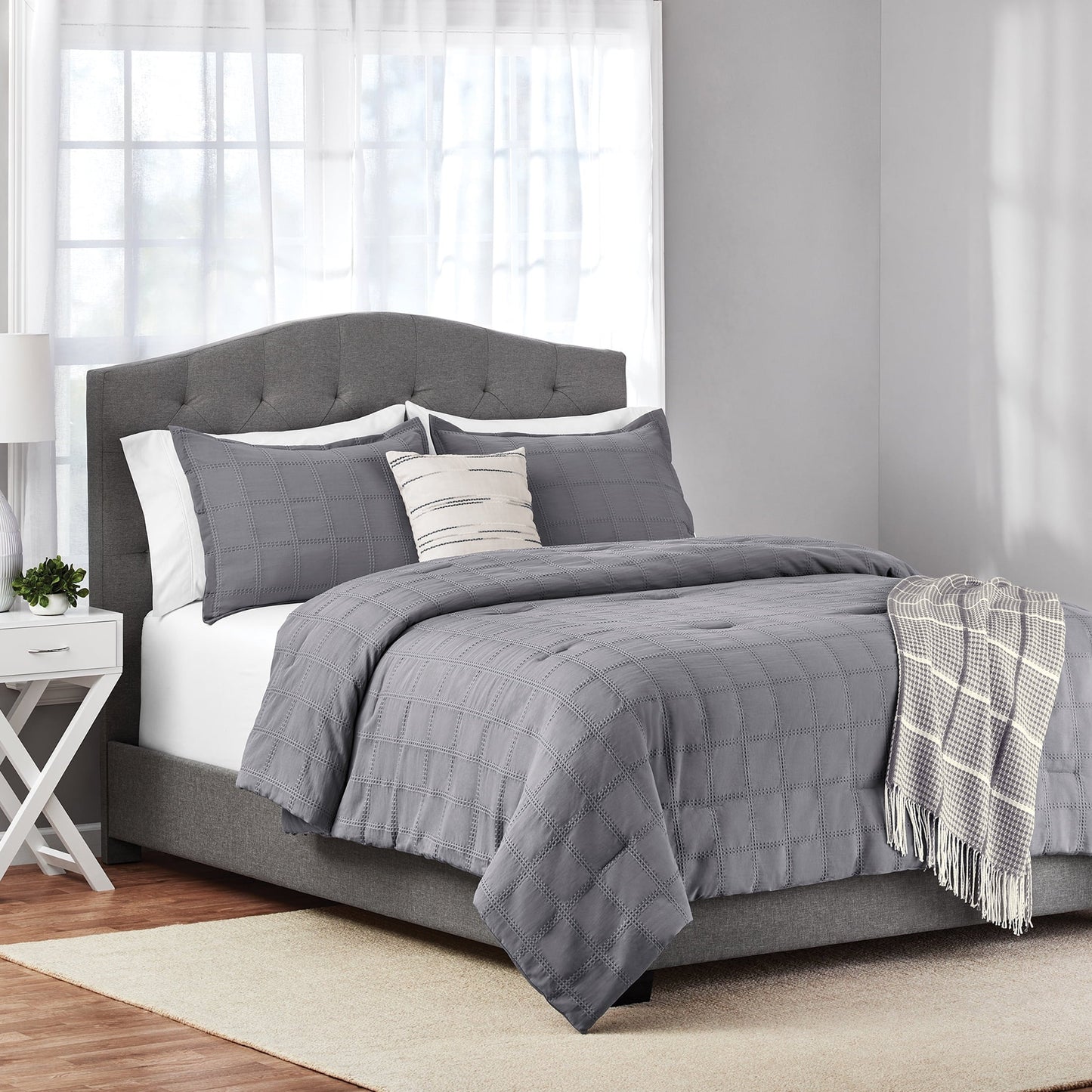 All-Season Full/Queen Comforter Set, All-Season, 5-Piece, Grey Waffle Check - Cloud-Like Soft Lightweight Bed Comforter - Default Title