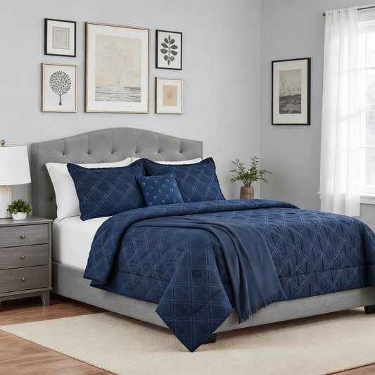 Hypoallergenic Cloud 5-Piece Reversible Comforter Set Navy Cross Stitch Bedding with Decor Pillow and Throw, Full/Queen - Hypoallergenic Ultra-Fluffy Quilt for Winter - Default Title