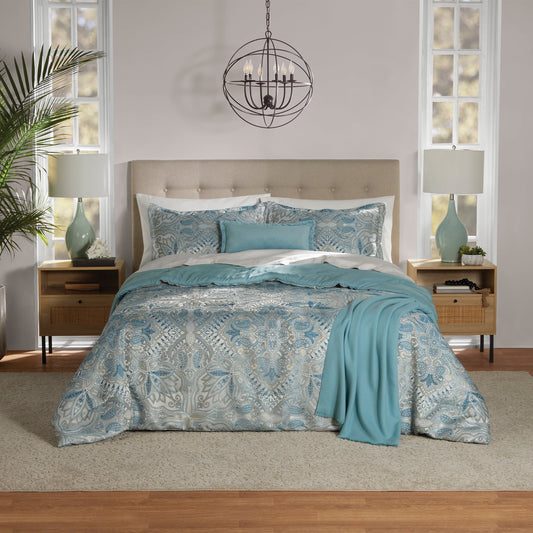 Luxurious Quilted Full/Queen Comforter Set, All-Season, 5-Piece, Teal Jacquard Medallion - Luxurious Quilted Duvet Cover Set - Default Title