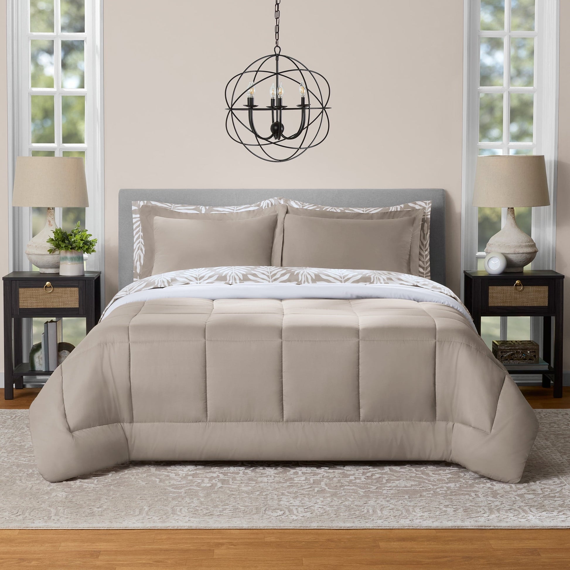Heavyweight Warmth All in One Reversible Comforter and Sheet Set- 7 Piece, Queen, Beige Palm - Hypoallergenic Ultra-Fluffy Quilt for Winter - Default Title