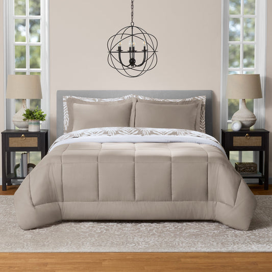 Heavyweight Warmth All in One Reversible Comforter and Sheet Set- 7 Piece, Queen, Beige Palm - Hypoallergenic Ultra-Fluffy Quilt for Winter - Default Title