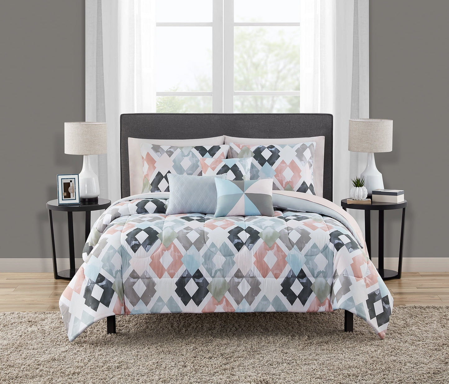 Luxurious Quilted Reversible Marble Diamond 8-Piece Bed in a Bag Bedding Set, Twin/Twin XL - All-Season Down Alternative Comforter Insert - Default Title