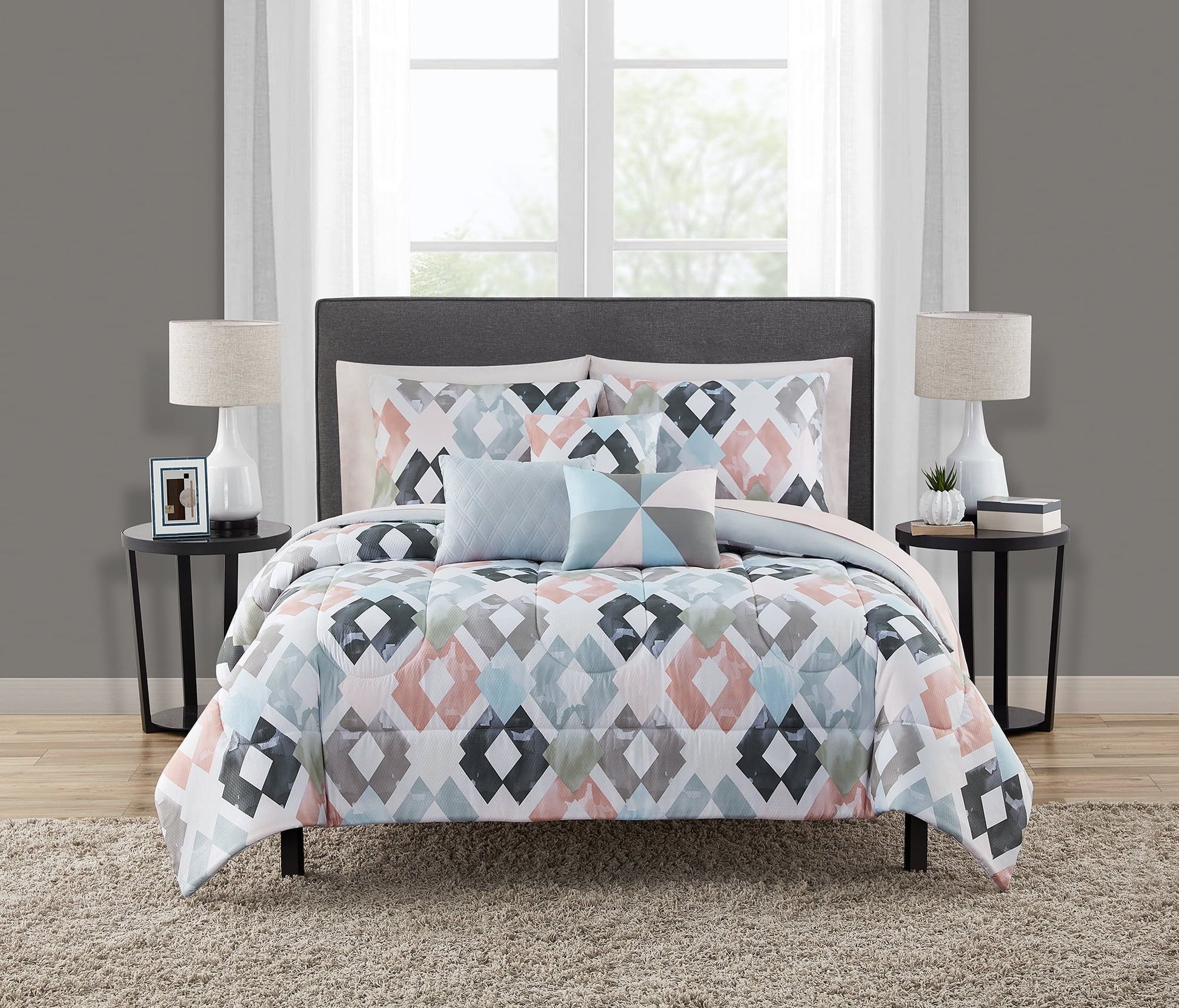 Luxurious Quilted Reversible Marble Diamond 8-Piece Bed in a Bag Bedding Set, Twin/Twin XL - All-Season Down Alternative Comforter Insert - Default Title