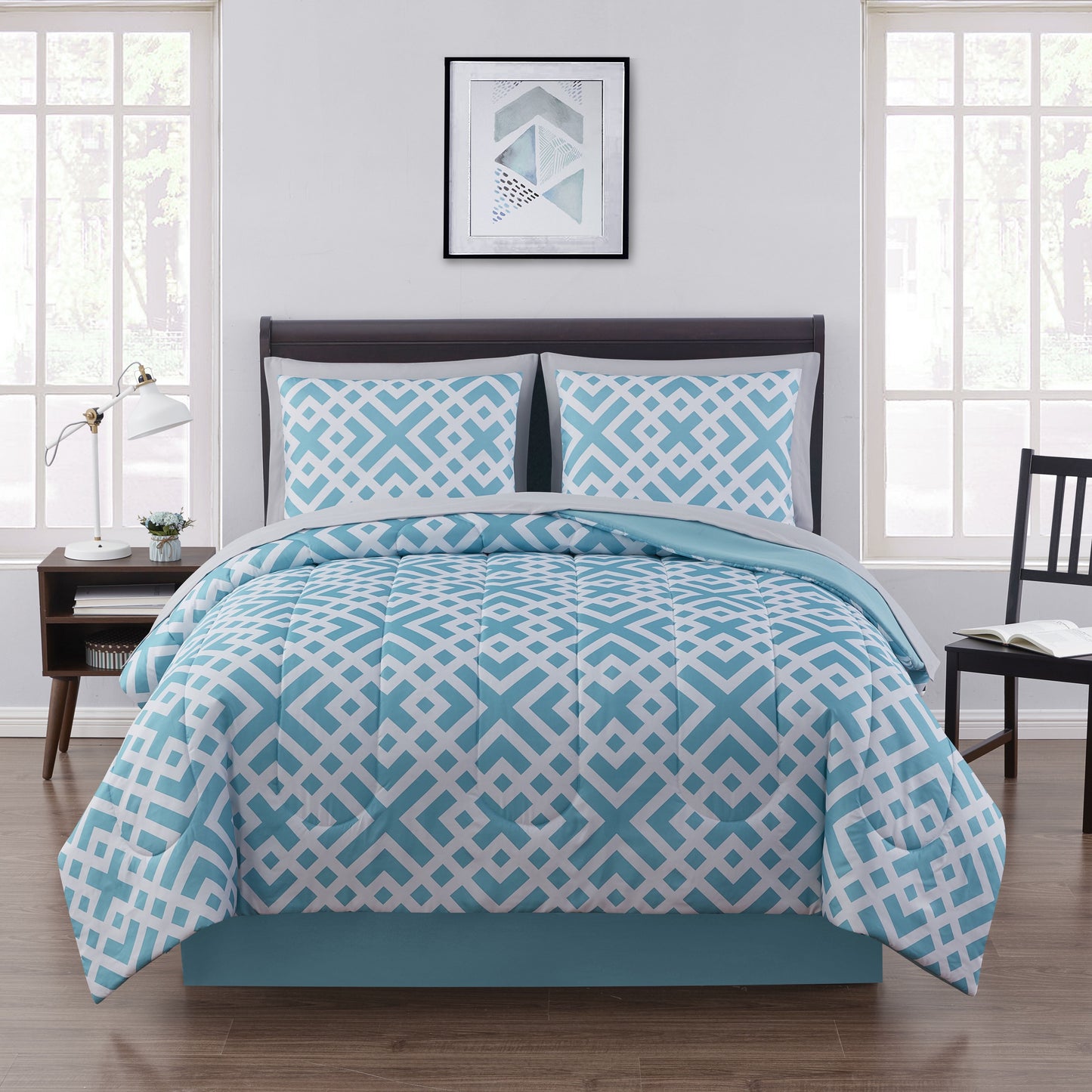 All-Season Teal Geometric 6 Piece Bed in a Bag Comforter Set with Sheets, Twin/Twin-XL - Luxurious Quilted Duvet Cover Set - Default Title
