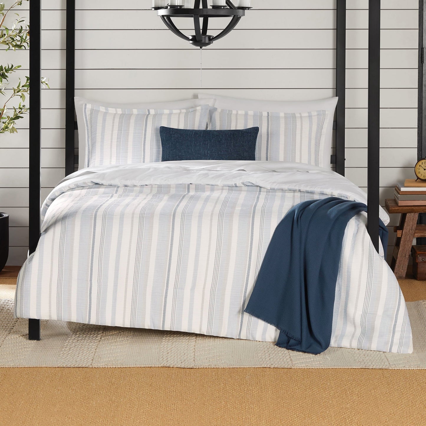 Luxurious Quilted Full/Queen Comforter Set, All-Season, 5-Piece, Blue Yarn Dyed Stripe - All-Season Down Alternative Comforter Insert - Default Title
