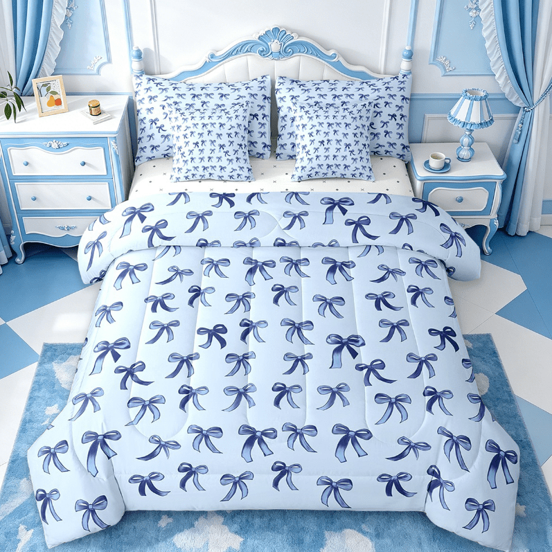 Fluffy Down Alternative Cute Bowknot Twin Bedding Sets 7-Piece,Girls Ribbon Bow Bedding Comforter Set,Dreamy Blue Sheet Sets For Girls,Super ... - Cloud-Like Soft Lightweight Bed Comforter - Default Title