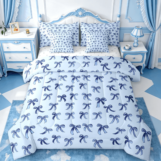 Fluffy Down Alternative Cute Bowknot Twin Bedding Sets 7-Piece,Girls Ribbon Bow Bedding Comforter Set,Dreamy Blue Sheet Sets For Girls,Super ... - Cloud-Like Soft Lightweight Bed Comforter - Default Title