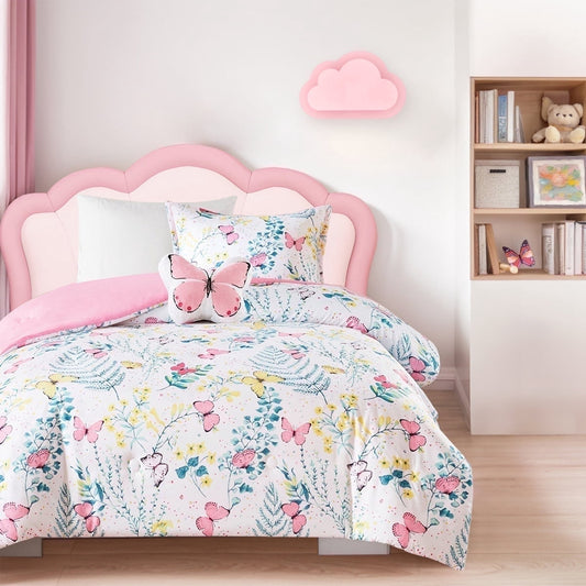 Heavyweight Warmth Full/Queen Size Comforter Sets, 4-Piece Kids Bedding Set for Girls, Butterfly Floral Comforter Bed Set, White/Pink - Cloud-Like Soft Lightweight Bed Comforter - Default Title