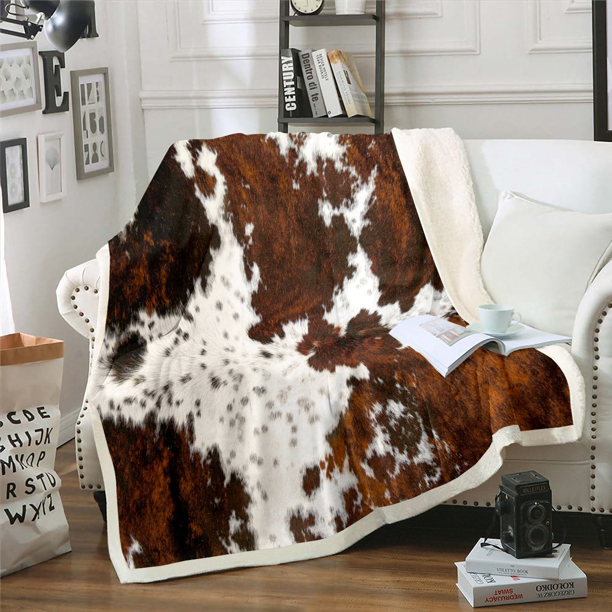 Reversible Sherpa Milk Cow Print Throw Blanket for Bed Chair,Black Brown Cowhide Fleece Blanket 50"x60",Farmhouse Rustic Animal Skin We... - Lightweight Plush Warm Blanket for All Seasons - Default Title