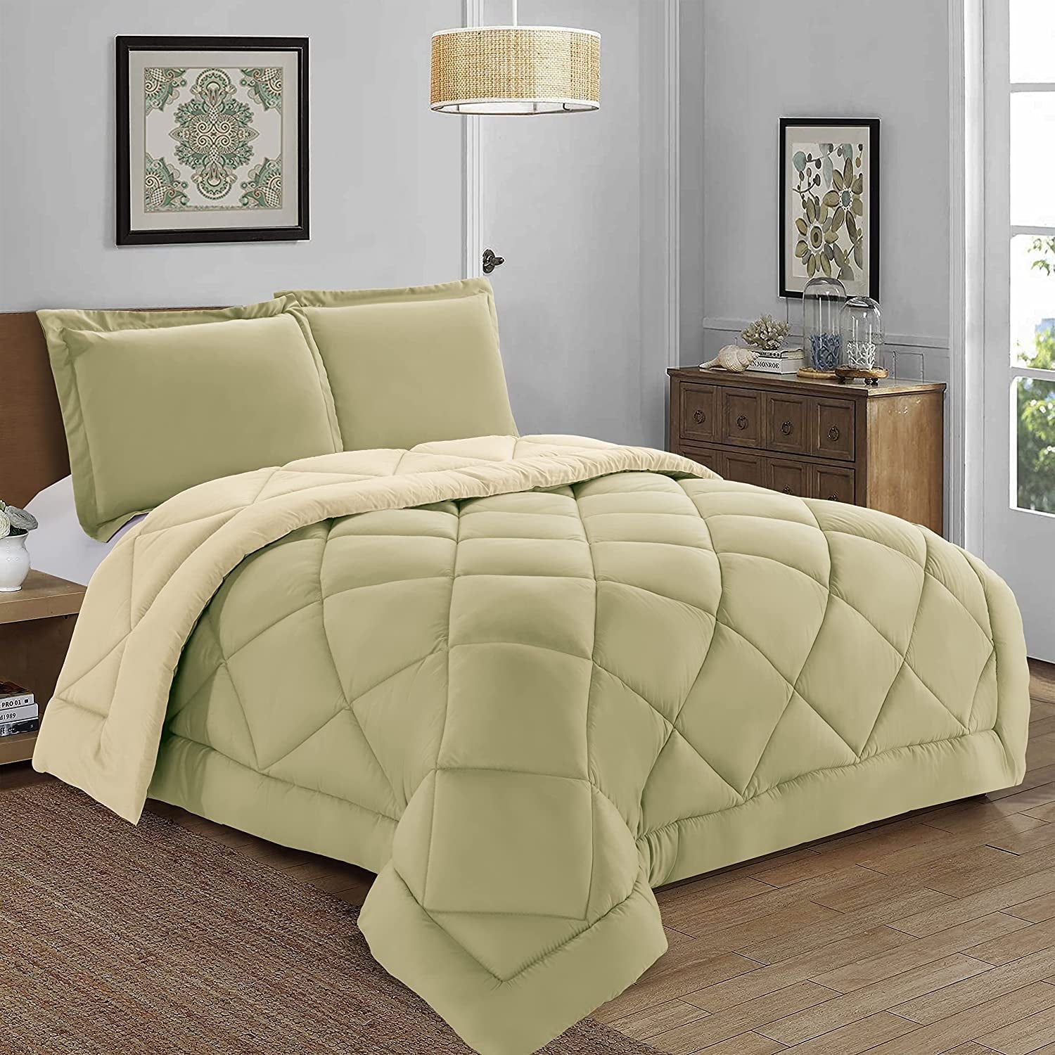 Luxurious Quilted 3-Piece Comforter Set - Reversible, Box Stitched Down Alternative, King/California King, All Season Suitable, Sage/Cream - Cloud-Like Soft Lightweight Bed Comforter - Default Title