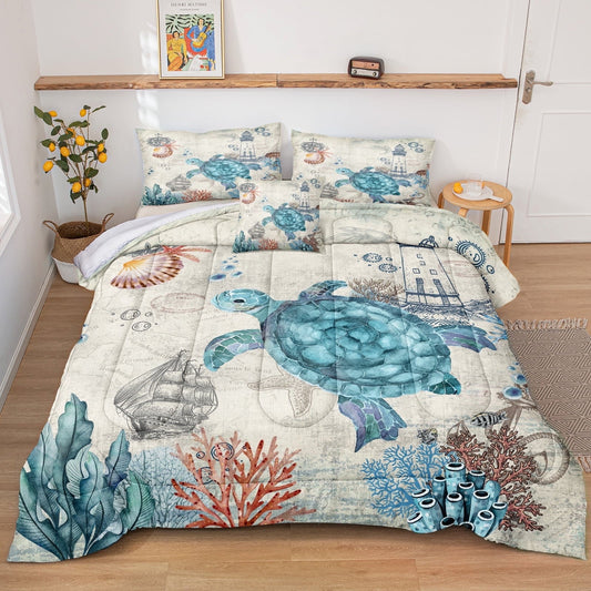 Fluffy Down Alternative Sea Turtle Comforter Set Queen Ocean Beach Bedding Set Soft and Lightweight Retro Style Design Coastal Bedding Set - Luxurious Quilted Duvet Cover Set - Default Title