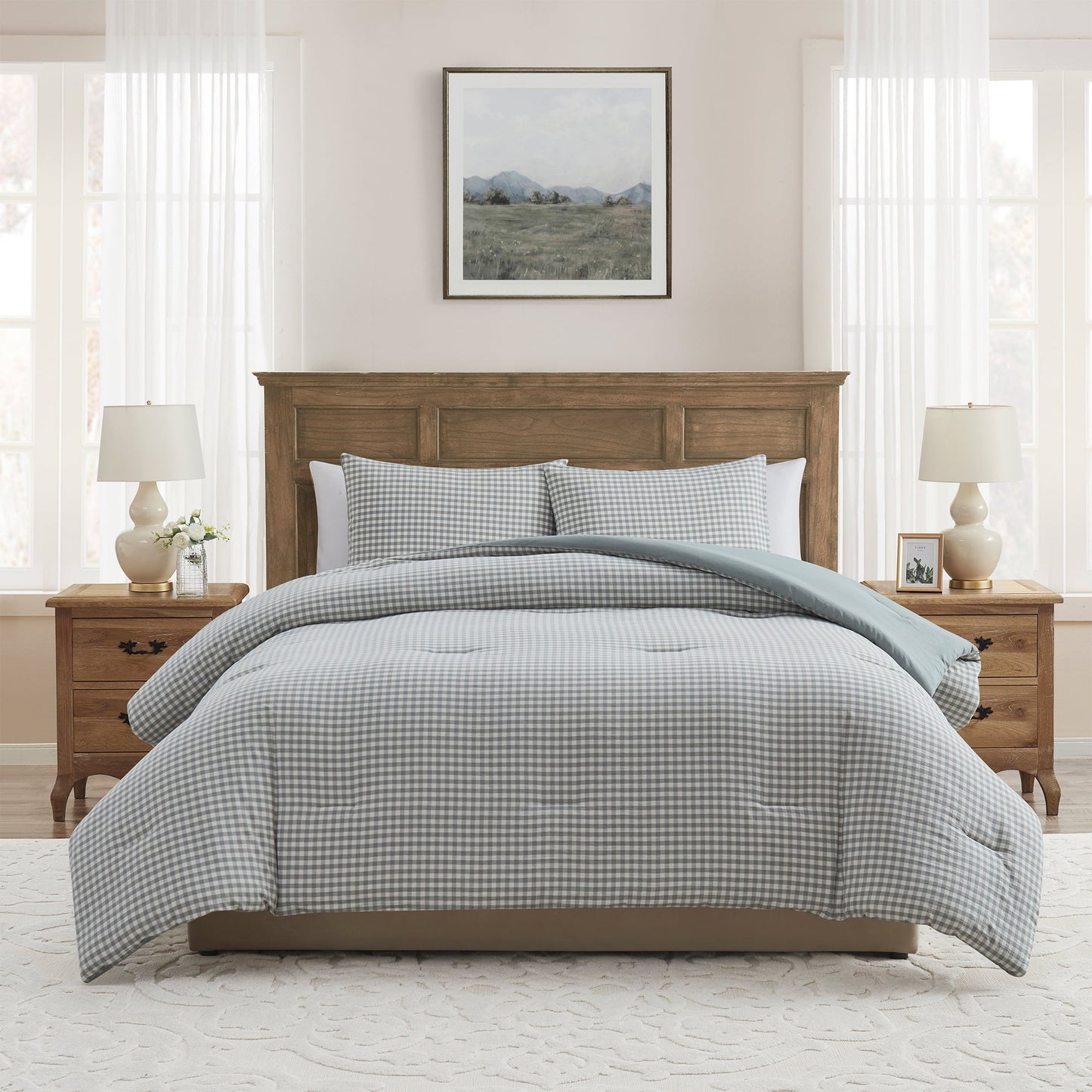 Luxurious Quilted Full/Queen Comforter Set, All-Season, 3-Piece, Green Gingham Plaid - Cloud-Like Soft Lightweight Bed Comforter - Default Title