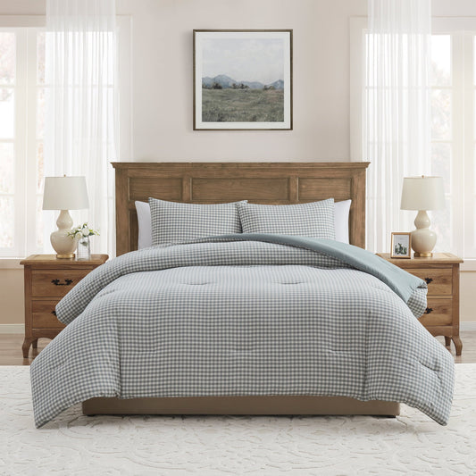 Luxurious Quilted Full/Queen Comforter Set, All-Season, 3-Piece, Green Gingham Plaid - Cloud-Like Soft Lightweight Bed Comforter - Default Title