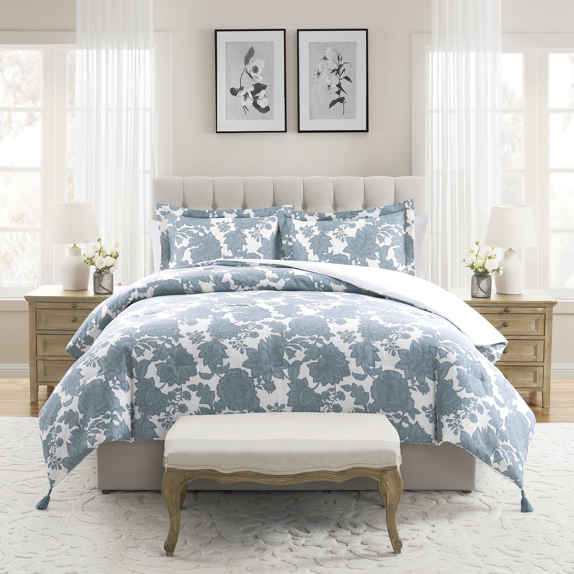 Hypoallergenic Cloud Veronica 3-Piece Blue Floral Cotton Slub Comforter Set, King - All-Season Down Alternative Comforter Insert - Default Title