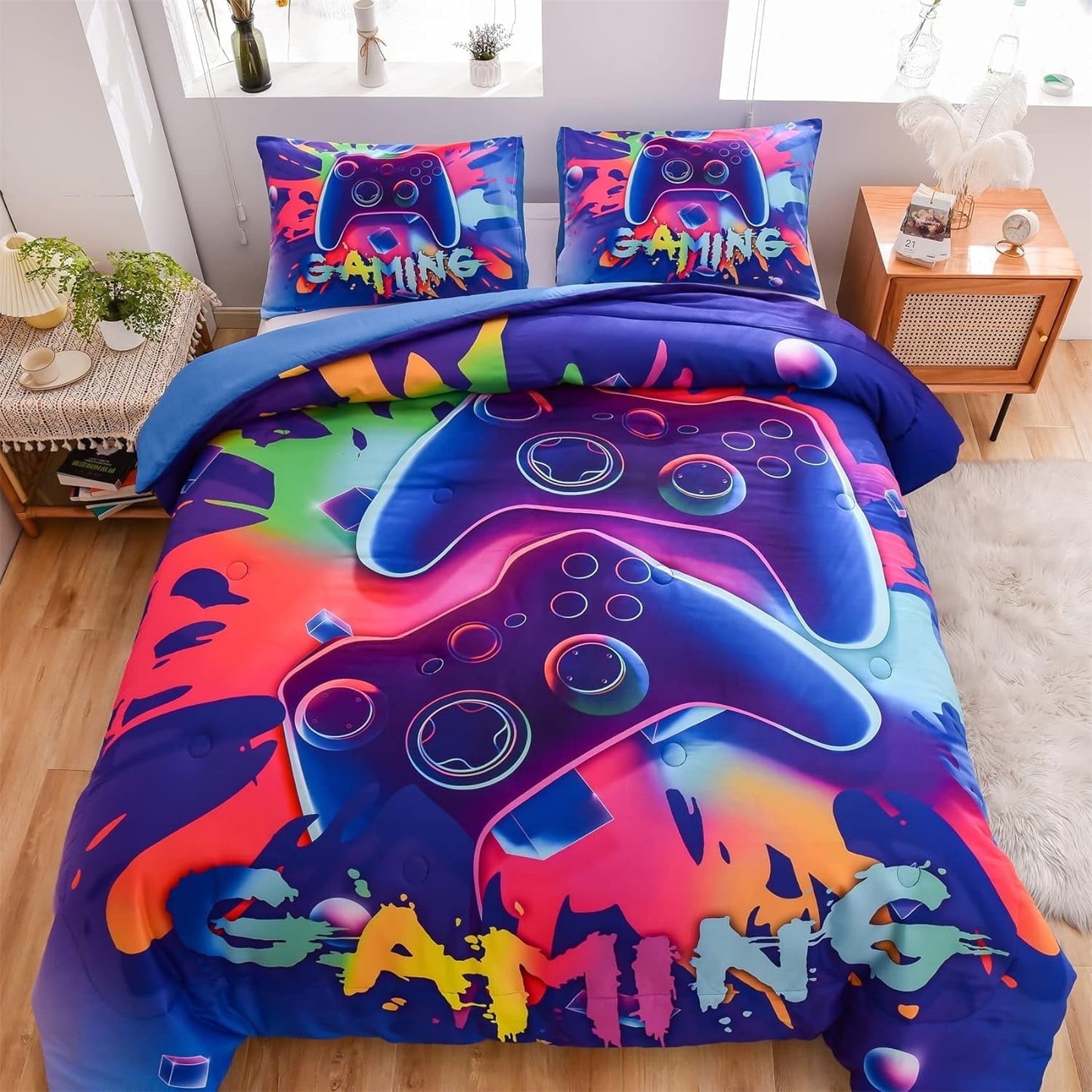 Luxurious Quilted Purple Queen Gaming Comforter Sets for Boys Kids Bedding Sets Colorful Games Console Gamer Quilt Set - Luxurious Quilted Duvet Cover Set - Default Title