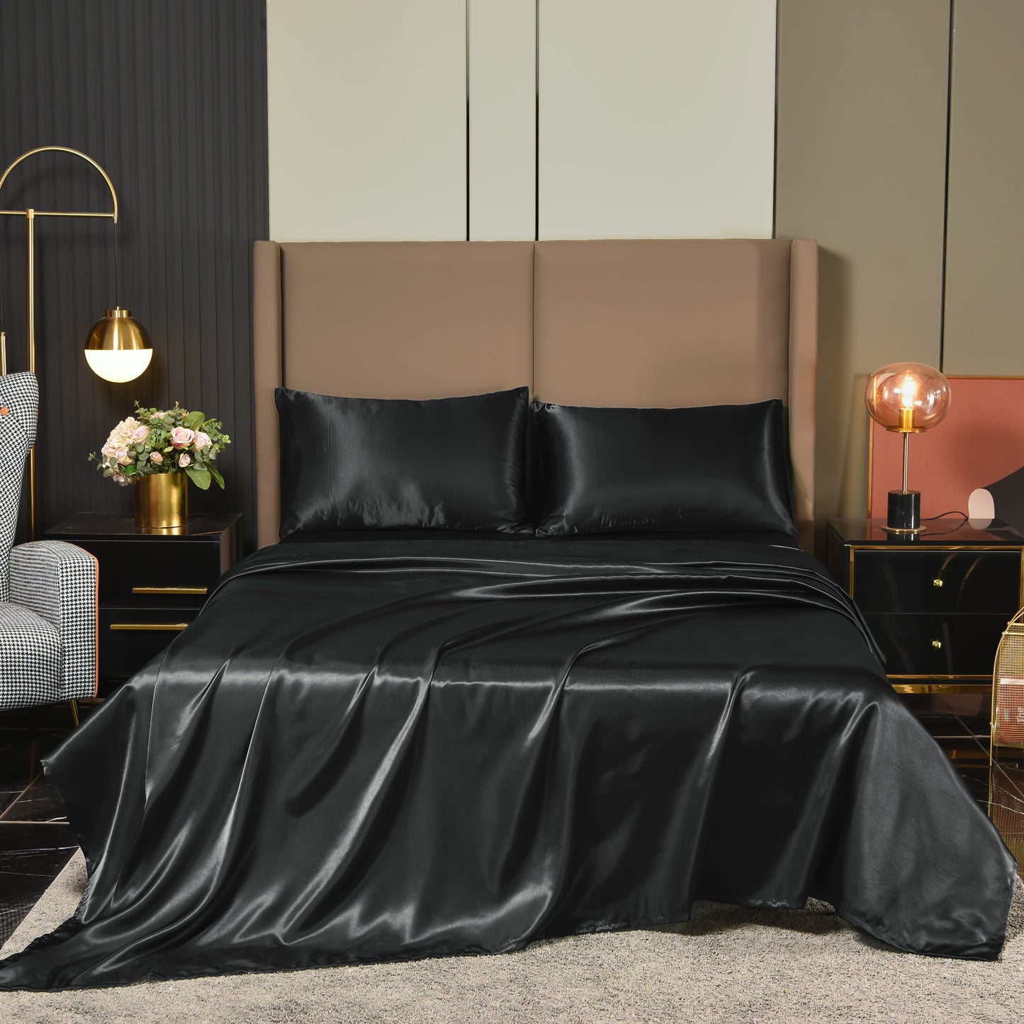 Breathable Luxury Satin Sheets Full Black Luxury Silky Bed Sheets 1800 Microfiber Sheet Set 4 Pcs - Cooling Hotel Quality Bedding Sheets and Pillowcases - Default Title