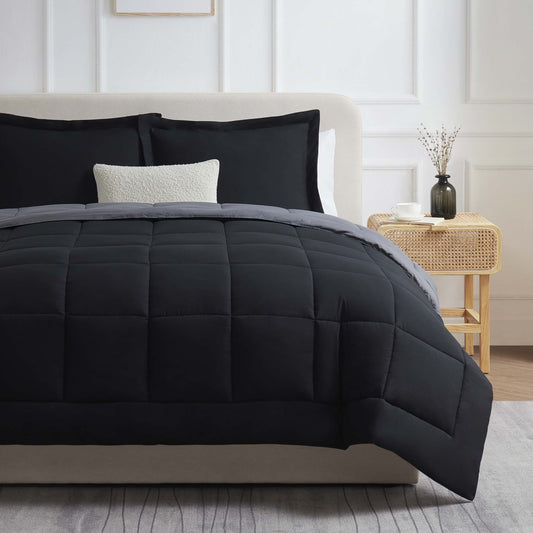 Luxurious Quilted Queen Comforter Set, 3 Piece Bed in a Bag, Reversible Down Alternative Bedding Set, Black & Gray - All-Season Down Alternative Comforter Insert - Default Title