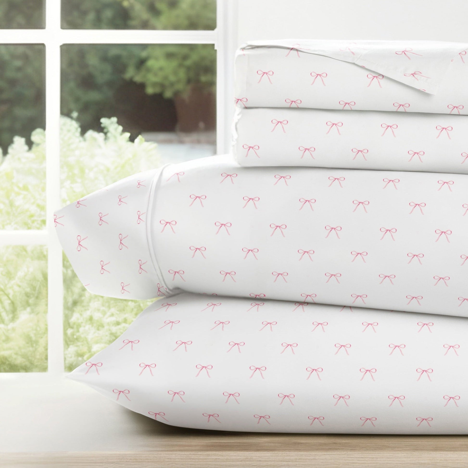 Wrinkle-Resistant 3 Piece Ditsy Pattern Microfiber Bed Sheets, Pink Bows, Twin-XL - Breathable Egyptian Cotton Flat & Fitted Sheets - Default Title