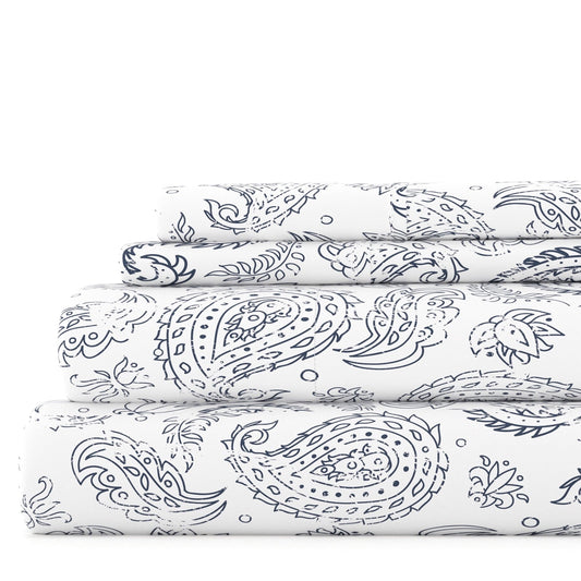 Premium Egyptian Cotton 4 Piece Pattern Microfiber Bed Sheets Set, Navy Coarse Paisley, Full - Breathable Egyptian Cotton Flat & Fitted Sheets - Default Title