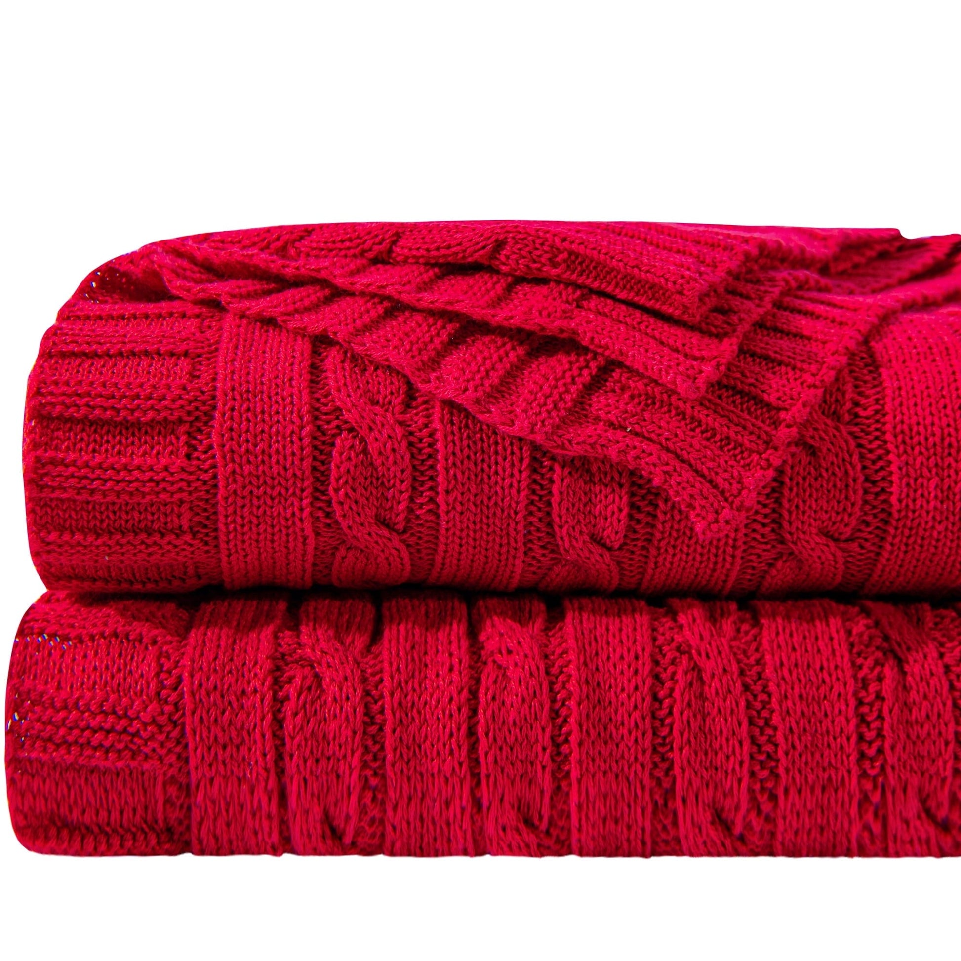 Lightweight Warm 100% Cotton Cable Knit Throw, Super Soft Warm Knitted Blanket Home Decor, 51"x67", Red - Luxury Knitted Decorative Throw Blanket with Fringes - Default Title