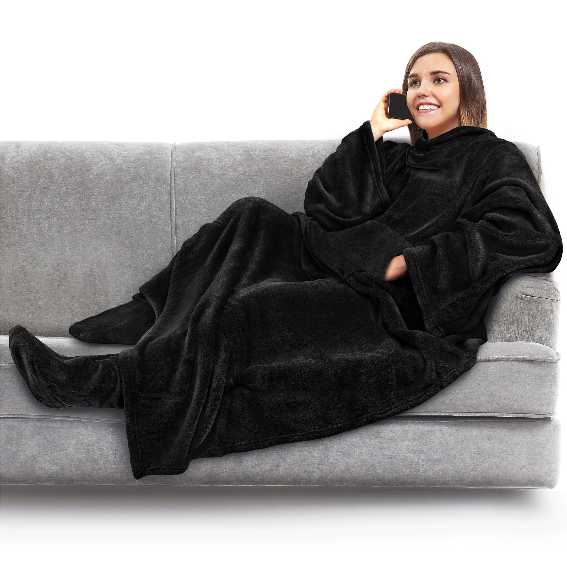 Reversible Sherpa Fleece Blanket with Sleeves, Foot Pockets for Women Men Adults, Plush Wearable Blanket Throw Wrap, Warm Snuggle Blank... - Lightweight Plush Warm Blanket for All Seasons - Default Title