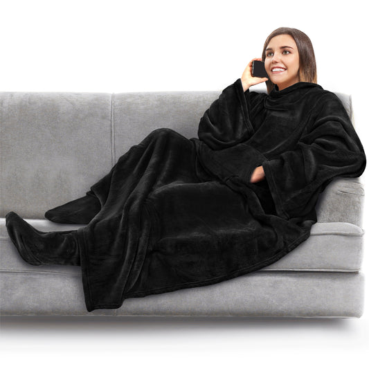 Reversible Sherpa Fleece Blanket with Sleeves, Foot Pockets for Women Men Adults, Plush Wearable Blanket Throw Wrap, Warm Snuggle Blank... - Lightweight Plush Warm Blanket for All Seasons - Default Title