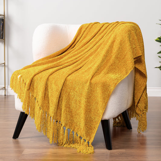Super Soft Flannel Mustard Yellow Chenille Throw Blanket for Couch, Soft Gold Knit Blanket with Tassel Fringe, Woven Chenille Knitted De... - Super Soft Reversible Sherpa Flannel Blanket - Default Title