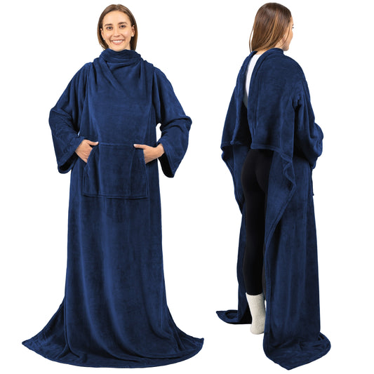 Reversible Sherpa Navy Blue Fleece Wearable Blanket with Sleeves for Adults Women Men, Soft Warm Full Body Wrap Throw, Sweatshirt Pocke... - Super Soft Reversible Sherpa Flannel Blanket - Default Title
