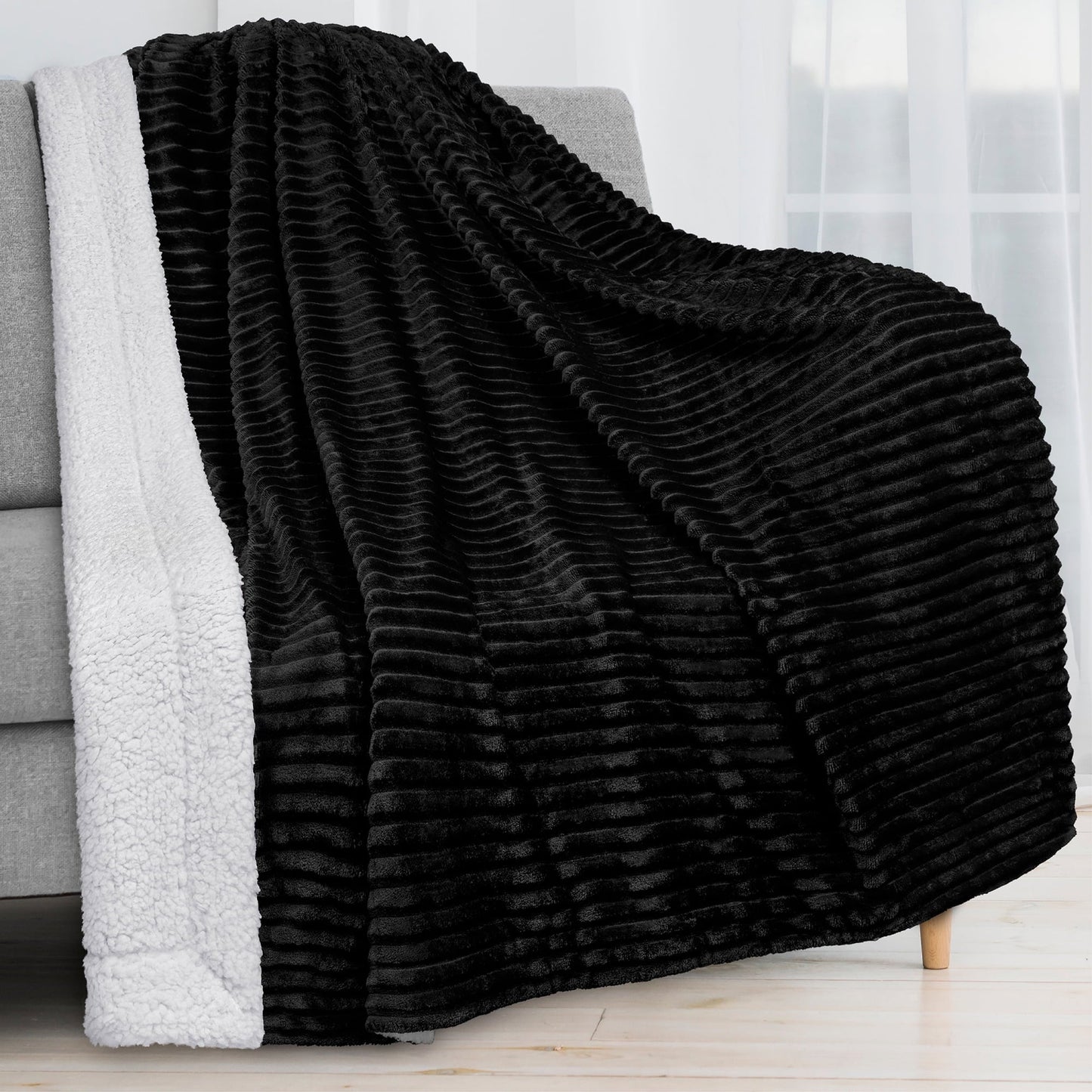 Decorative Knitted Reversible Sherpa Fleece Throw Blanket Black, Plush Flannel Throw, Ultra Soft Warm Ribbed Microfiber Blanket for Sofa... - Cozy Fleece Throw Blanket for Couch & Bed - Default Title