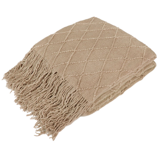 Cozy Fleece Tan Taupe Knit Throw Blanket for Couch Bed, Soft Knitted Farmhouse Sofa Throw for Living Room, Lightweight Decorative... - Luxury Knitted Decorative Throw Blanket with Fringes - Default Title