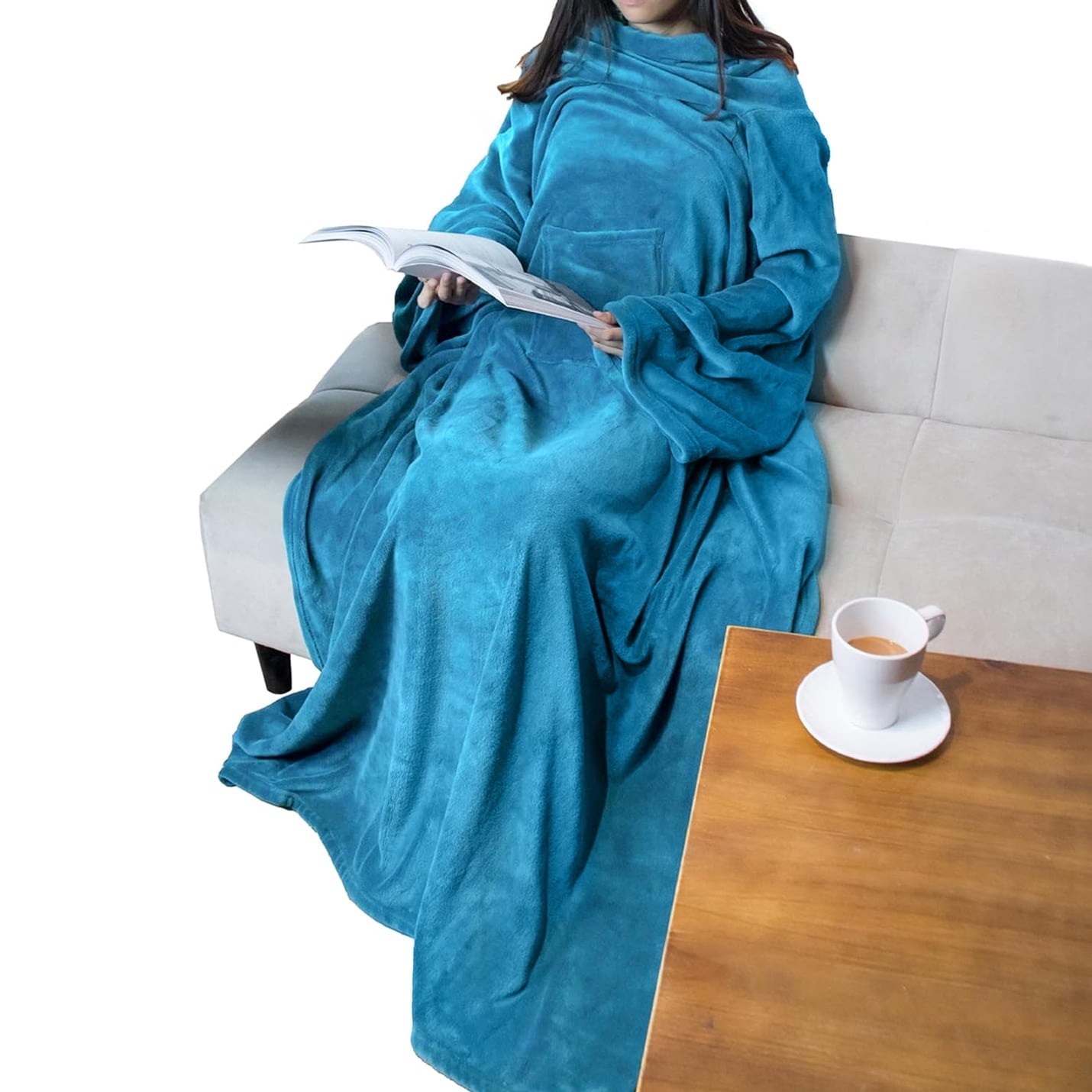 Decorative Knitted Wearable Blanket with Sleeves for Adult Women Men, Cozy Fleece Warm Wrap Throw Blanket with Arms, Pocket, Gifts for C... - Luxury Knitted Decorative Throw Blanket with Fringes - Default Title