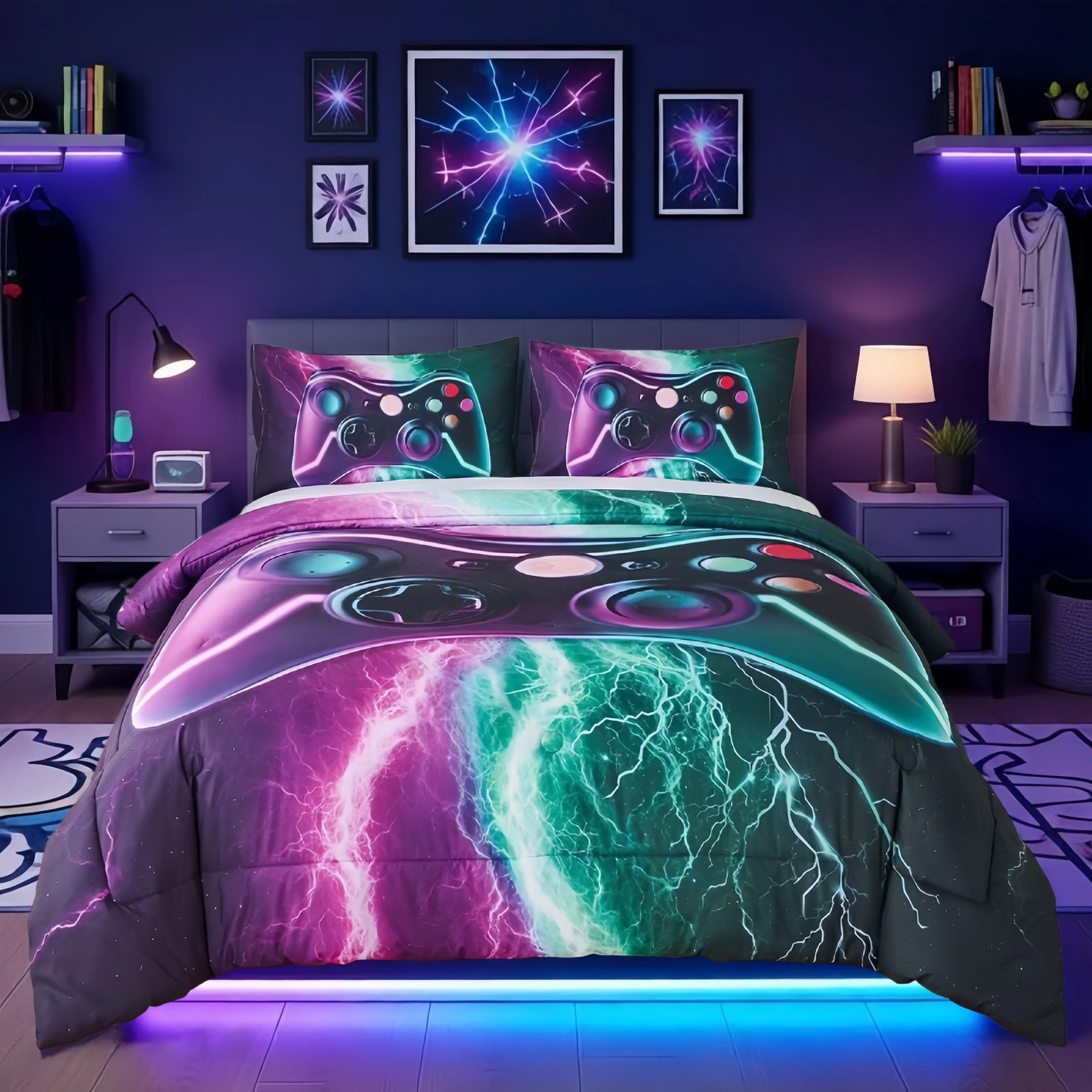 Hypoallergenic Cloud Queen Size Gaming Comforter Set for Boys,3-Piece 3D Green Purple Lightning Game Controller Bedding Set for Kids Teens - Cloud-Like Soft Lightweight Bed Comforter - Default Title