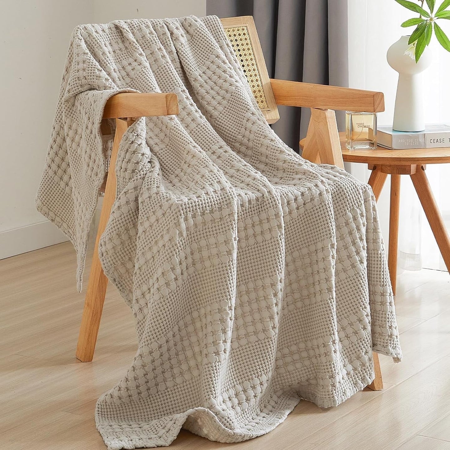 Cozy Fleece 100% Cotton Waffle Weave Blanket, Lightweight Throw Washed Blanket for Bed Sofa Home Decor, Oatmeal, 50"x60" - Super Soft Reversible Sherpa Flannel Blanket - Default Title