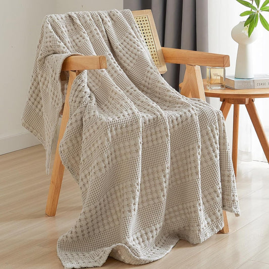Cozy Fleece 100% Cotton Waffle Weave Blanket, Lightweight Throw Washed Blanket for Bed Sofa Home Decor, Oatmeal, 50"x60" - Super Soft Reversible Sherpa Flannel Blanket - Default Title