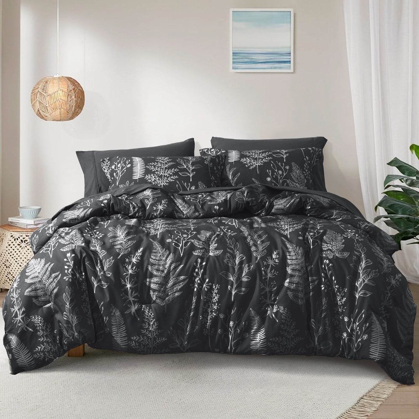 Fluffy Down Alternative 3 Pieces Printed Comforter Set Queen Size, Lightweight Botanical Floral Bed in a Bag, Ultra Soft Bedding Set with 1 R... - All-Season Down Alternative Comforter Insert - Default Title