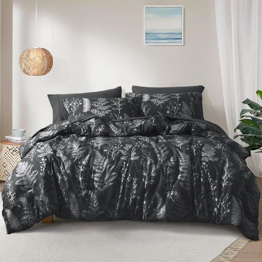 Fluffy Down Alternative 3 Pieces Printed Comforter Set Queen Size, Lightweight Botanical Floral Bed in a Bag, Ultra Soft Bedding Set with 1 R... - All-Season Down Alternative Comforter Insert - Default Title