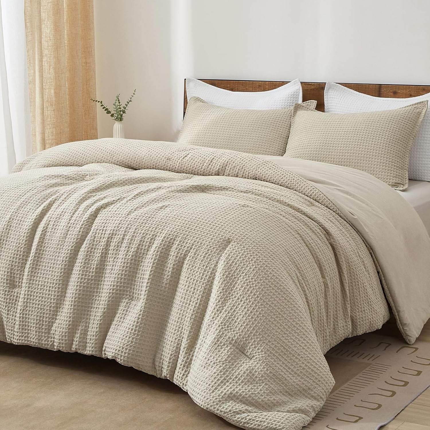 Fluffy Down Alternative 3-Piece Waffle Weave Comforter Set Queen Size, Lightweight Comfy Bedding Set for All Season, Ultra Soft Textured 1 Co... - All-Season Down Alternative Comforter Insert - Default Title