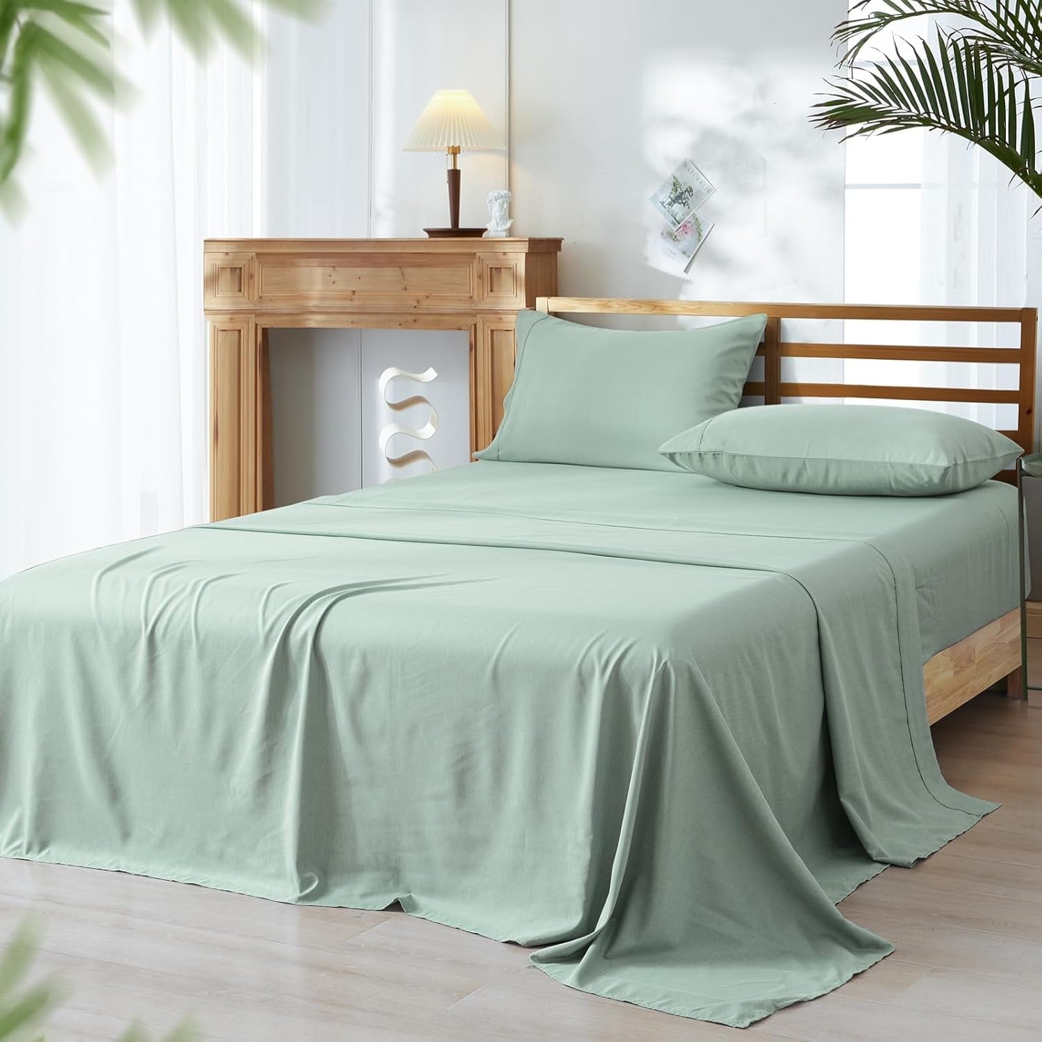 Cooling Sateen Bamboo Bed Sheet Sets, 4 Pieces King Silky Soft Bedding Sheets, 1800 Thread Count 16 Inch Deep Pockets, Sage Green - Premium Ultra-Soft Pillowcase Pair for Sleeping - Default Title