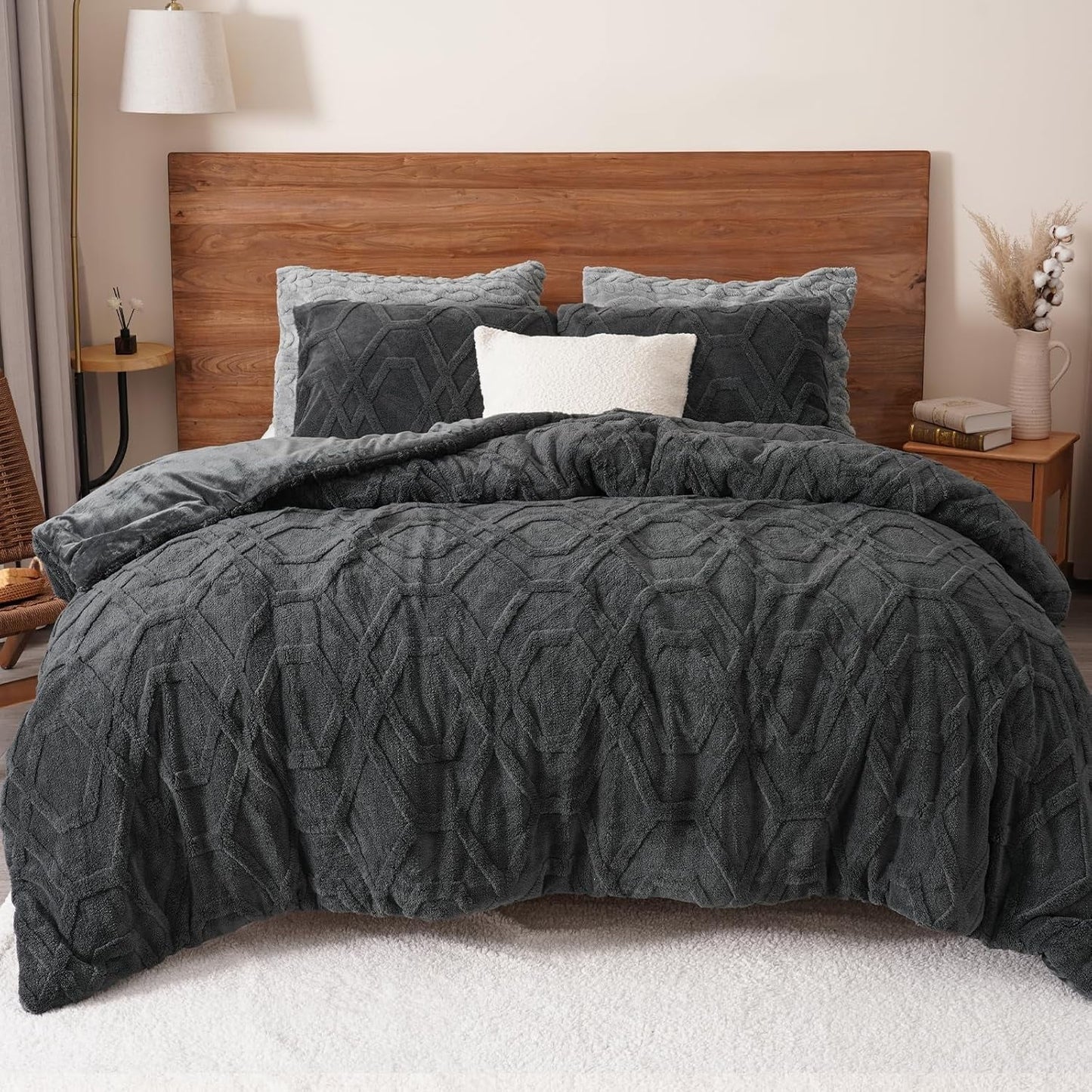Luxurious Quilted Warm Sherpa Fleece Queen Comforter Set, 3D Tufted Fluffy Dark Grey Bedding for Winter, Soft 3 Pieces Shaggy Bed Set, ... - All-Season Down Alternative Comforter Insert - Default Title
